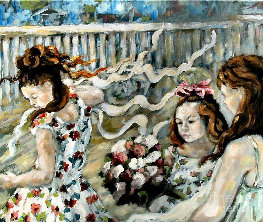Girls Dancing Painting by Carrie Joy Byrnes