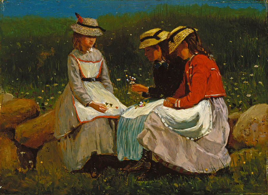 Girls in a Landscape Painting by Winslow Homer