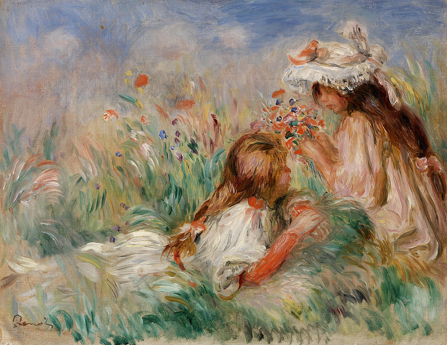 Pierre Auguste Renoir Painting - Girls in the Grass Arranging a Bouquet by Pierre-Auguste Renoir