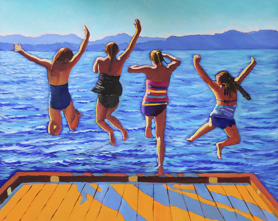 Girls Jumping Painting by Kevin Hughes
