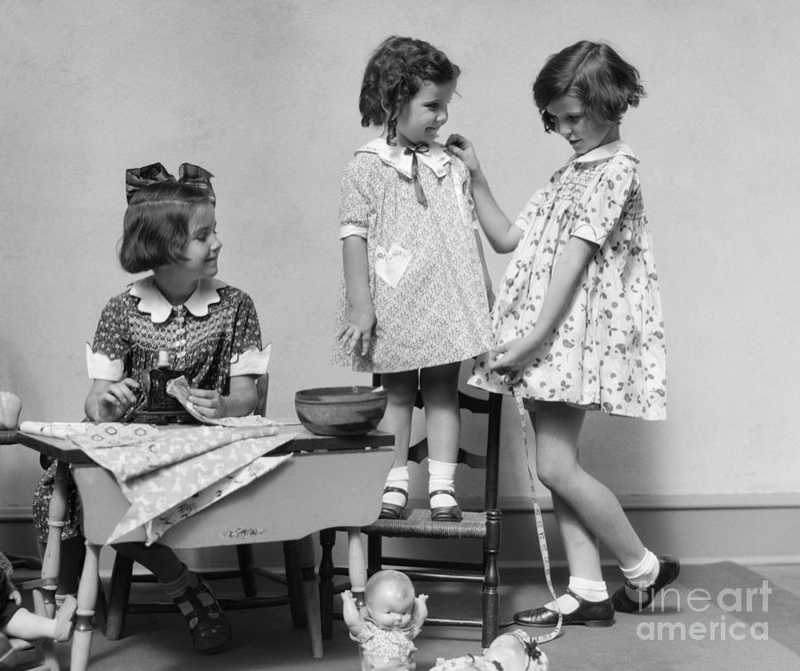 Girls Playing Fashion Designers, C.1930s Photograph by H. Armstrong Roberts/ClassicStock