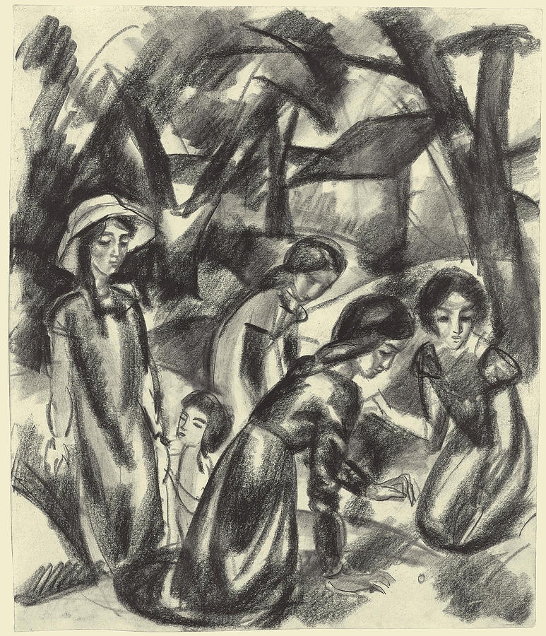 Girls playing under Trees Drawing by August Macke