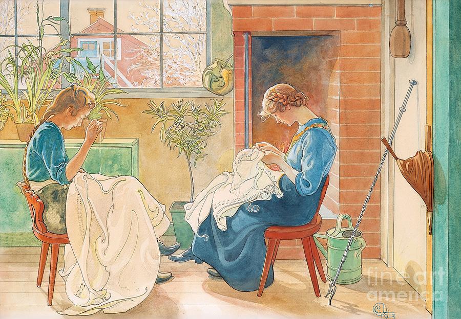 Girls Sewing By The Window Painting by Celestial Images
