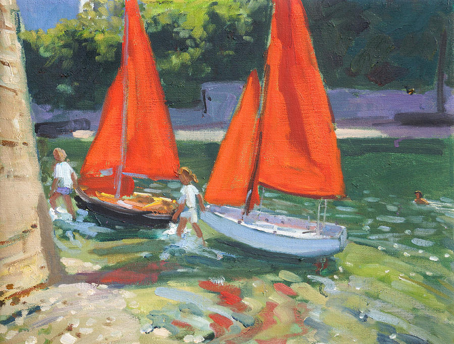 Boat Painting - Girls with sail boats Looe by Andrew Macara