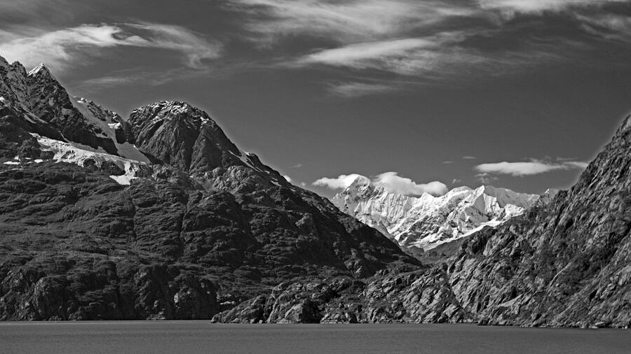 Glacier Bay National Park Photograph - Glacier Bay Seascapes. Rugged Alaska BW by Connie Fox