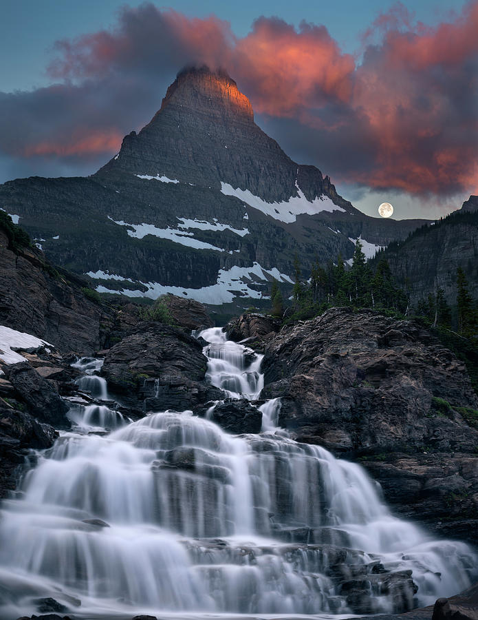 Glacier Morning waterfall and moonset Photograph by William Lee