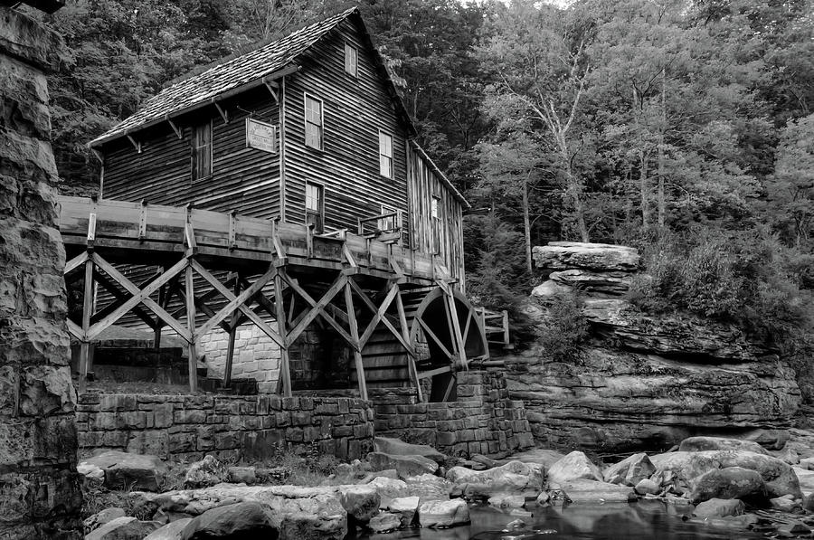Black And White Photograph - Glade Creek Grist Mill in West Virginia - Black and White by Gregory Ballos