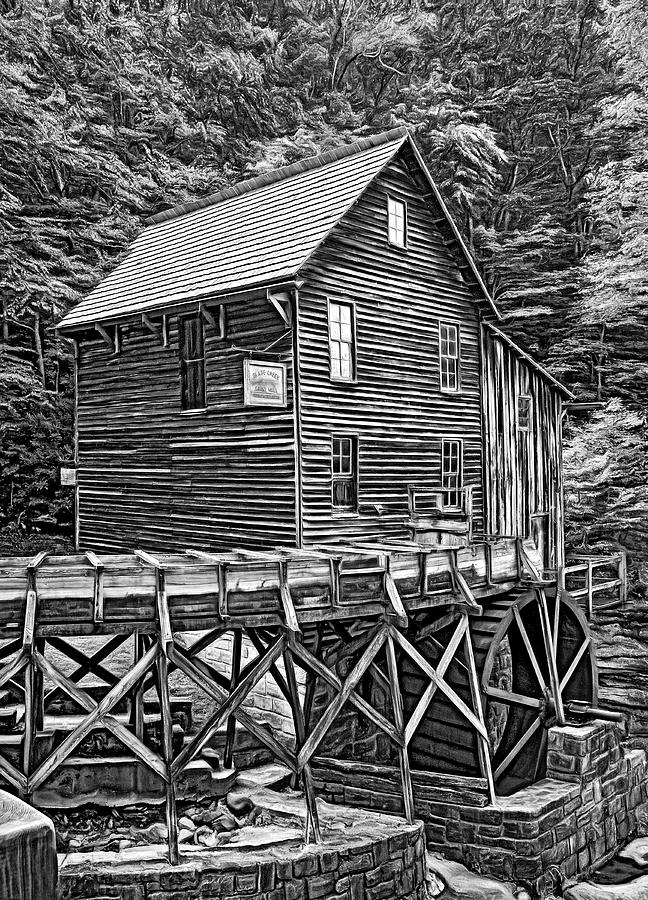 Tree Photograph - Glade Creek Grist Mill 7 - Paint BW by Steve Harrington