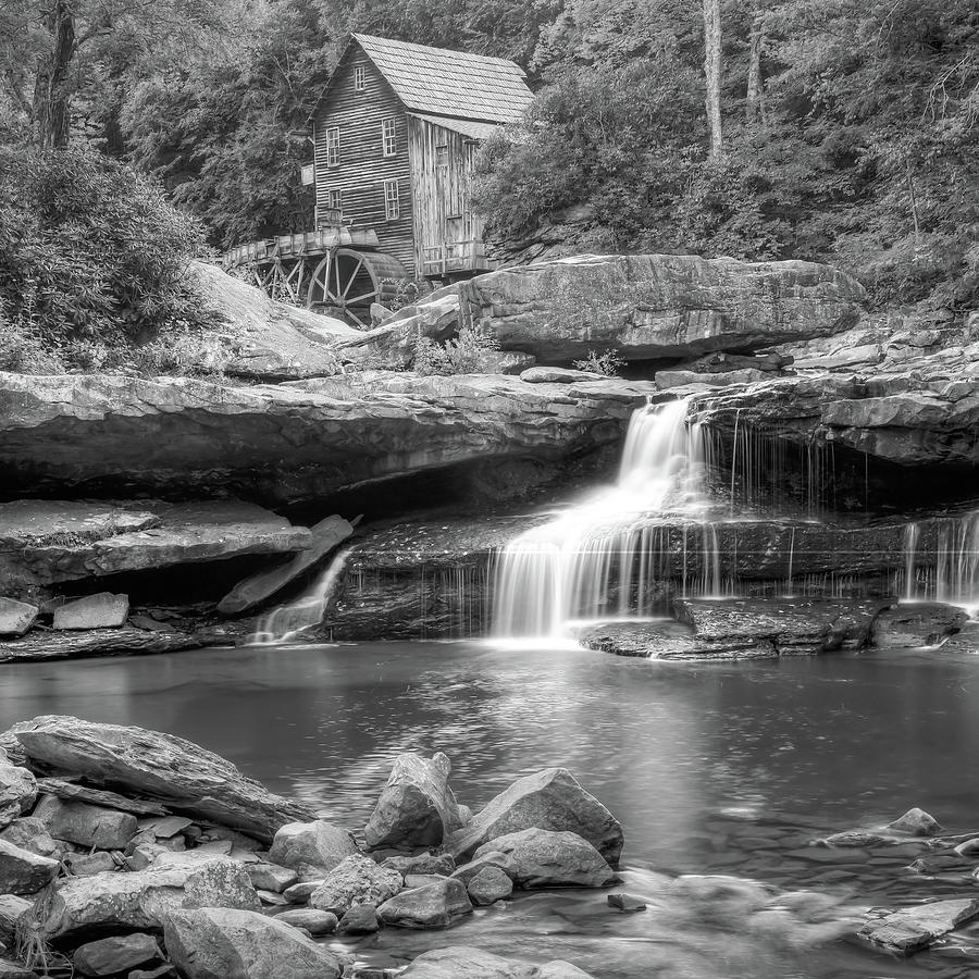 Black And White Photograph - Glade Creek Grist Mill Waterfall - Black and White - Square Format by Gregory Ballos