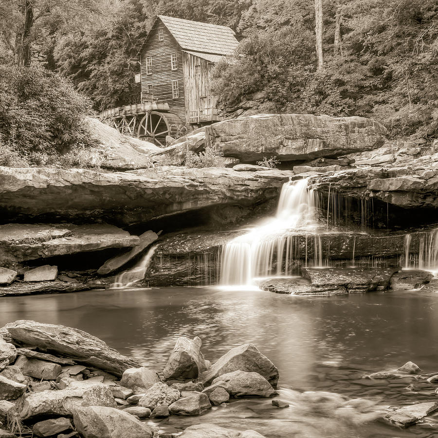 Vintage Photograph - Glade Creek Grist Mill Waterfall - Sepia - Square Format by Gregory Ballos