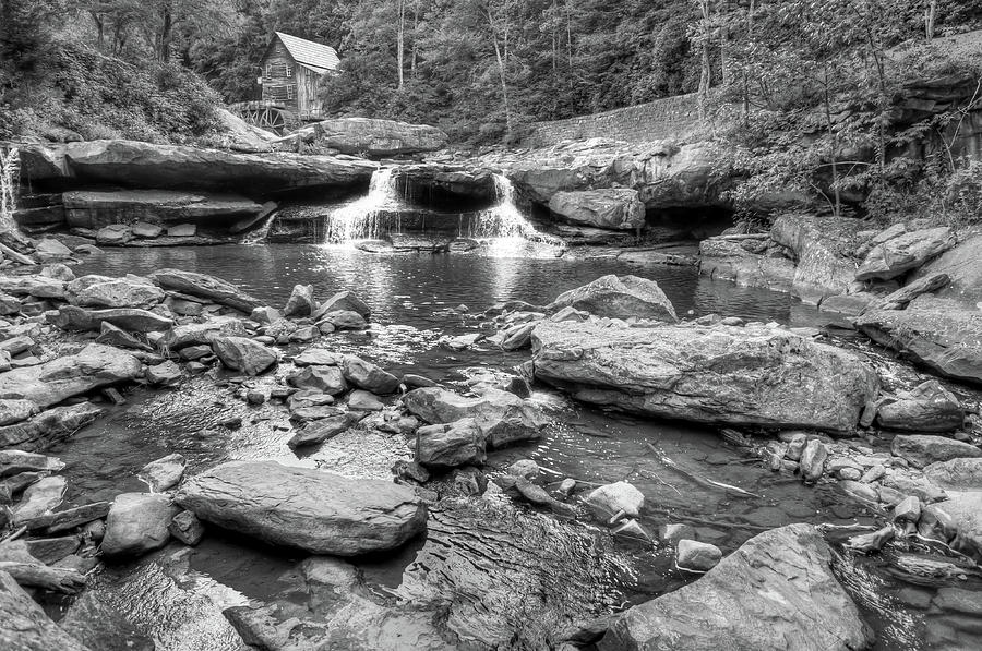 Black And White Photograph - Glade Creek Mill and Cascading Waterfalls - Black and White by Gregory Ballos
