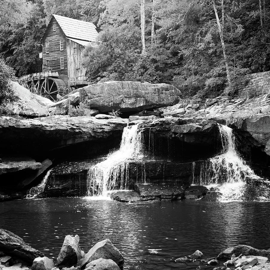 Waterfall Photograph - Glade Creek Mill and Twin Waterfalls - Monochrome Square Format by Gregory Ballos