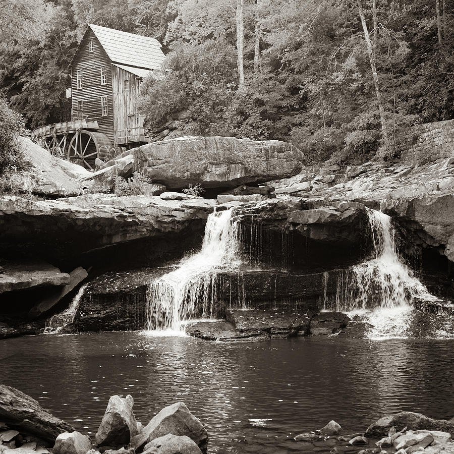 Waterfall Photograph - Glade Creek Mill and Twin Waterfalls - Sepia Square Format by Gregory Ballos