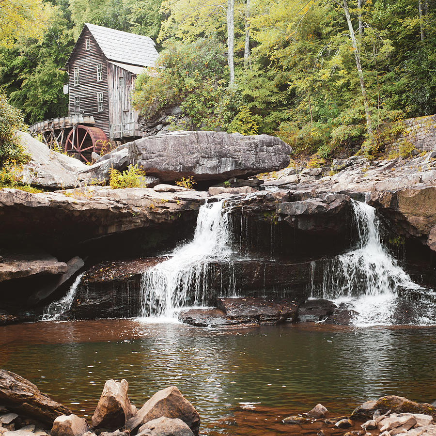 Waterfall Photograph - Glade Creek Mill and Twin Waterfalls - Square Format by Gregory Ballos