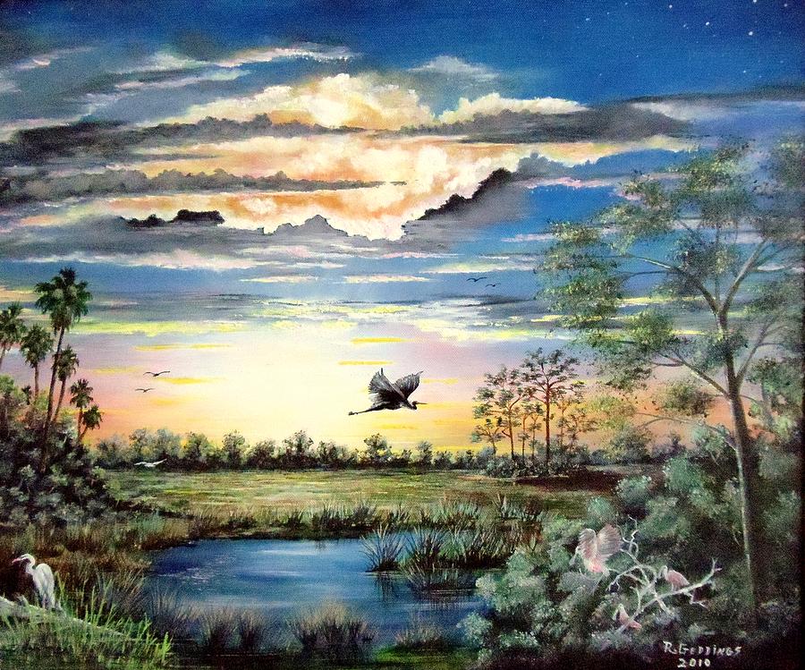 Spoonbill Painting - Glades  Afterglow by Riley Geddings