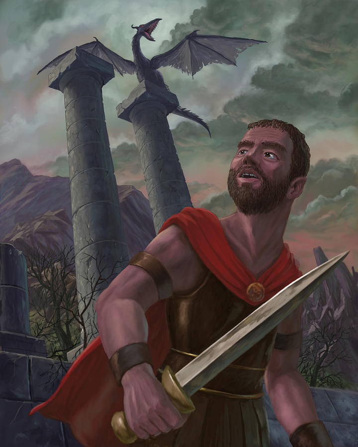 Dragon Painting - Gladiator Warrior With Monster On Pillar by Martin Davey