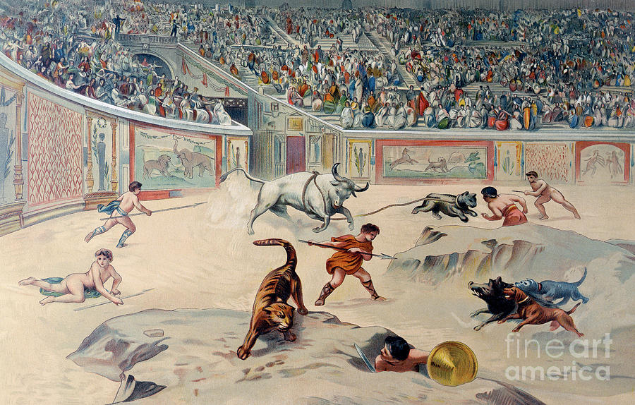 Tiger Painting - Gladiators Fighting Animals in the circus at Pompeii by Antonio Niccolini