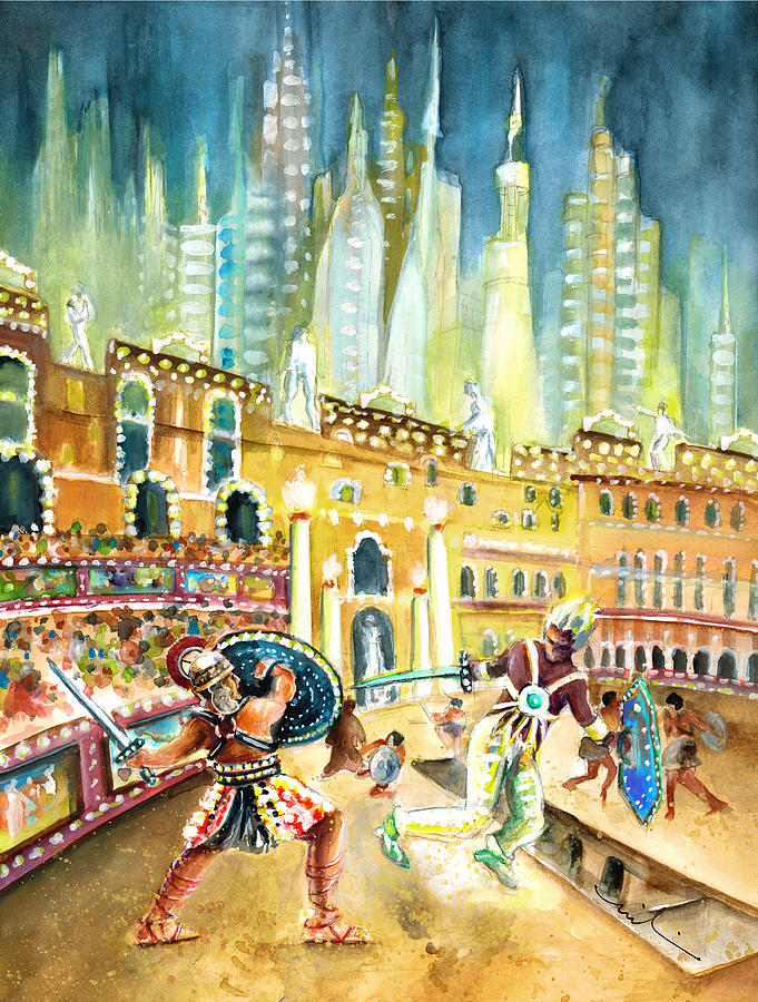 Science Fiction Painting - Gladiators In Coliseum From Rome Of Tomorrow by Miki De Goodaboom