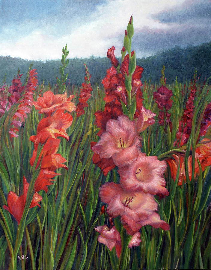 Gladiolas and the Green Mountains Painting by Marie Witte