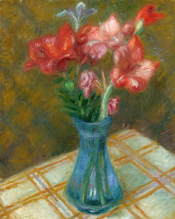 Gladiolas in Green Glass Vase Painting by William Glackens