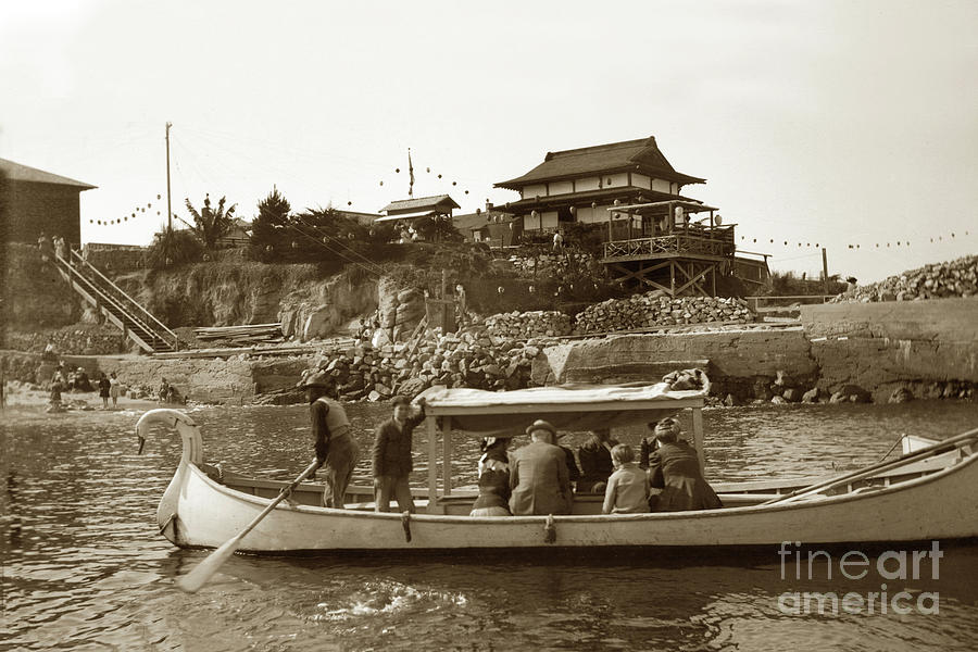 Boat Photograph - Glass Bottom Boat, Pier and Japanese Tea Garden 1915 by Monterey County Historical Society