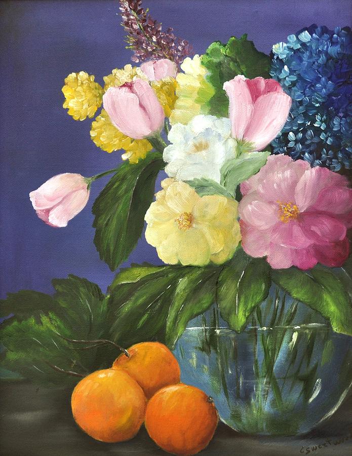 Flower Painting - Glass bowl and oranges by Carol Sweetwood