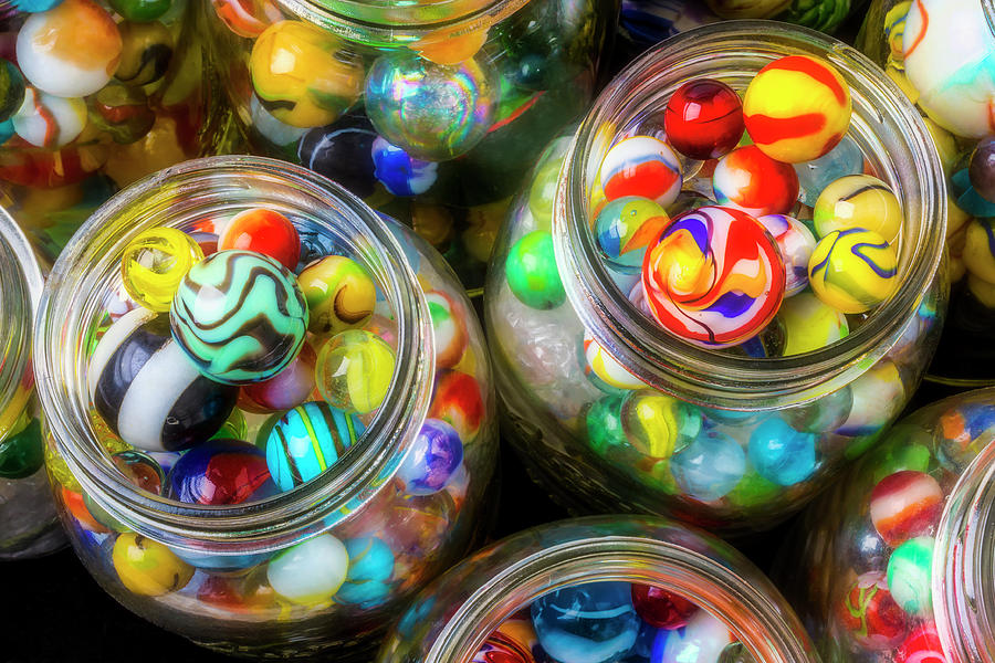 Glass Marbles In Containers Photograph by Garry Gay
