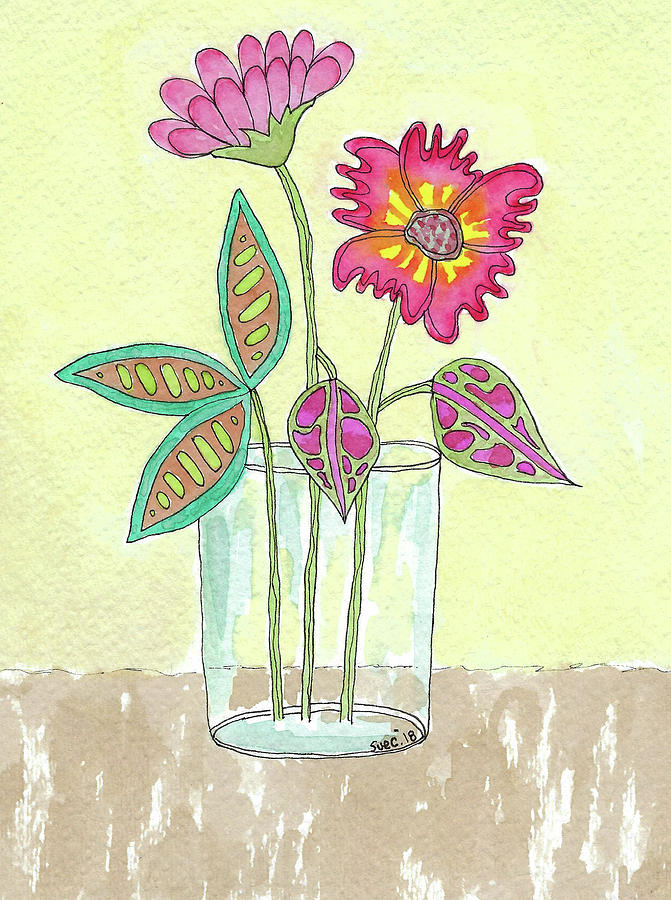 Watercolor And Ink Painting - Glass Of Flowers by Susan Campbell Watercolor And Ink Painting - Glass Of Flowers by Susan Campbell