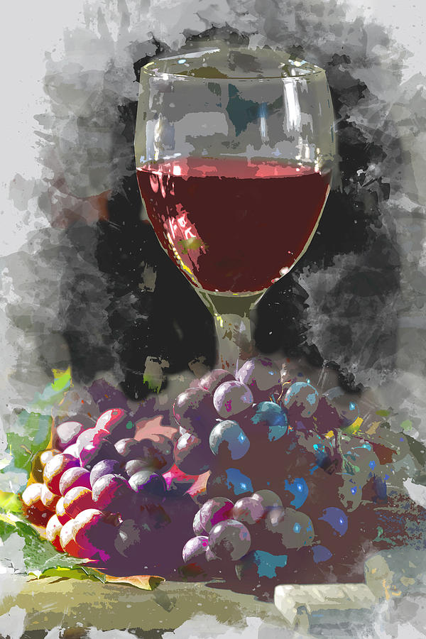 Wine Painting - Glass of Wine and a Mound of Grapes in the Wine Cellar by Elaine Plesser