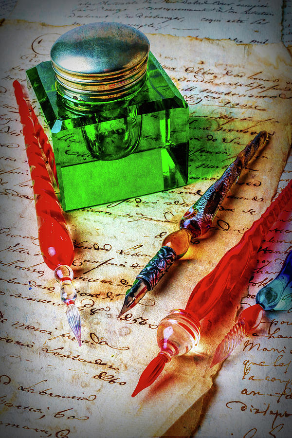 Glass Pens And Green Ink Well Photograph by Garry Gay