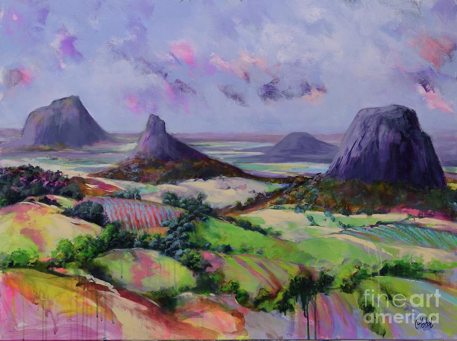 Glasshouse Mountains Dreaming Painting by Chris Hobel