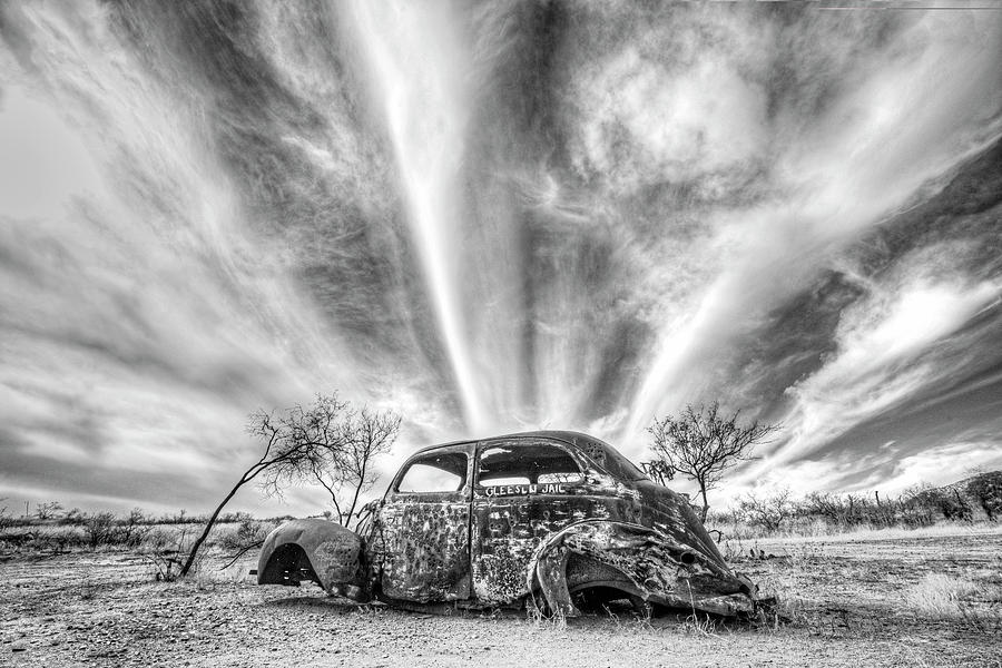 Gleeson Arizona Rusted out VW Beetle Black and White Photograph by Toby McGuire