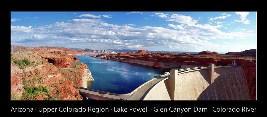 Glen Canyon Dam Lake Powell Arizona Pan 01 Text Black Photograph by Thomas Woolworth