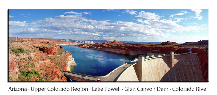 Glen Canyon Dam Lake Powell Arizona Pan 01 Text Photograph by Thomas Woolworth