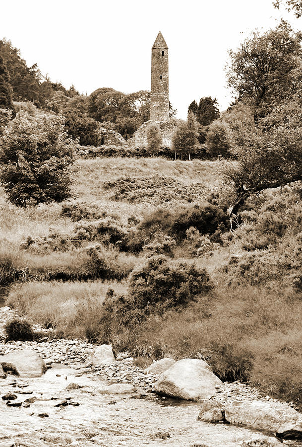 Glendalough Ireland Round Tower Stream and Meadow County Co Wicklow Sepia Photograph by Shawn OBrien