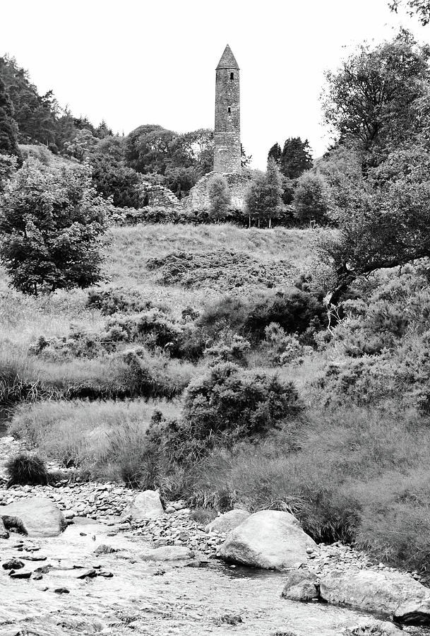Glendalough Ireland Round Tower Stream and Meadow County Wicklow Black and White Photograph by Shawn OBrien