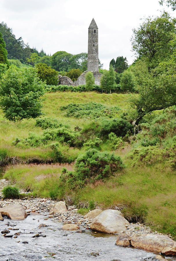 Glendalough Ireland Round Tower Stream and Meadow County Wicklow Photograph by Shawn OBrien