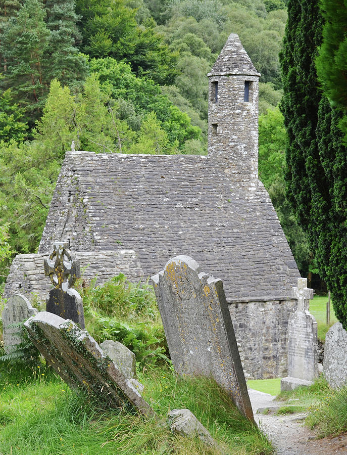 Glendalough Ireland St Kevins Church Behind Headstones Wicklow Mountains Photograph by Shawn OBrien
