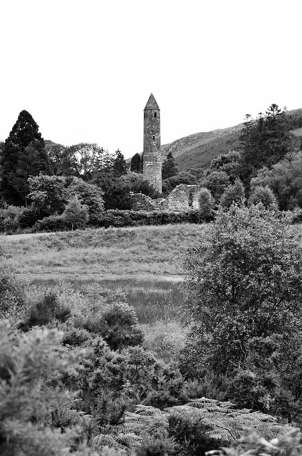 Glendalough Irish Countryside Round Tower and Meadow County Wicklow Ireland Black and White Photograph by Shawn OBrien