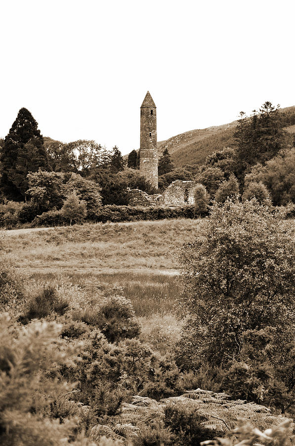 Glendalough Irish Countryside Round Tower and Meadow County Wicklow Ireland Sepia Photograph by Shawn OBrien
