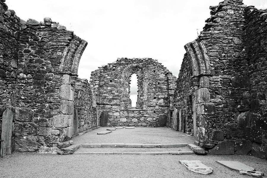 Glendalough Irish Monastic Site Cathedral of Saints Peter and Paul Ruins Wicklow Black and White Photograph by Shawn OBrien