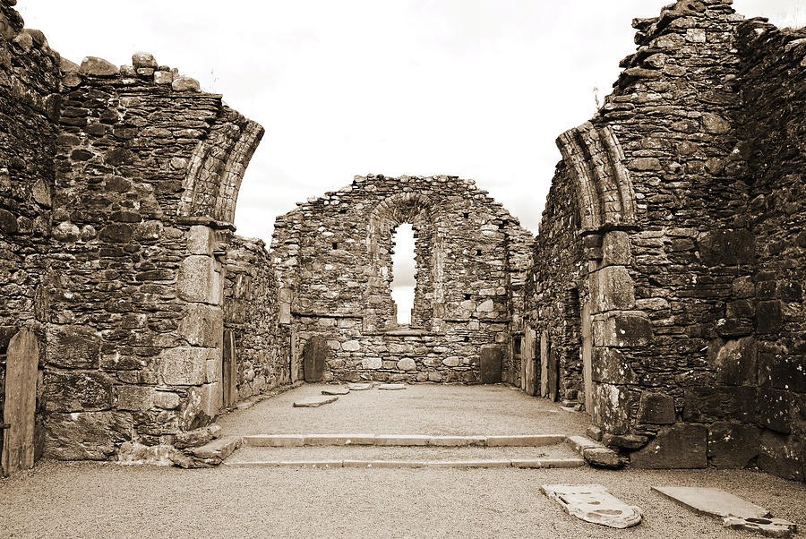 Glendalough Irish Monastic Site Cathedral of Saints Peter and Paul Ruins Wicklow Sepia Photograph by Shawn OBrien