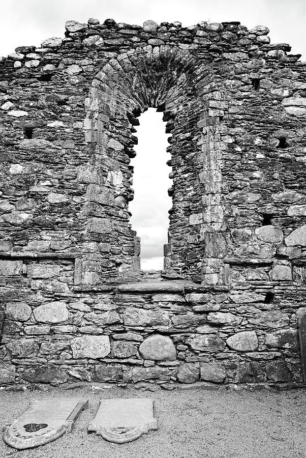 Glendalough Irish Monastic Site Cathedral of Saints Peter and Paul Window Wicklow Black and White Photograph by Shawn OBrien