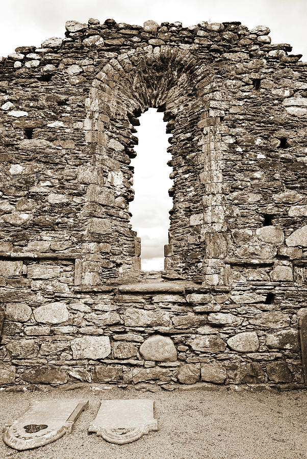 Glendalough Irish Monastic Site Cathedral of Saints Peter and Paul Window Wicklow Sepia Photograph by Shawn OBrien