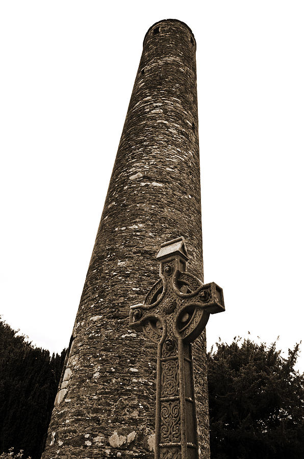 Glendalough Irish Round Tower Above Celtic High Cross County Wicklow Ireland Sepia Photograph by Shawn OBrien