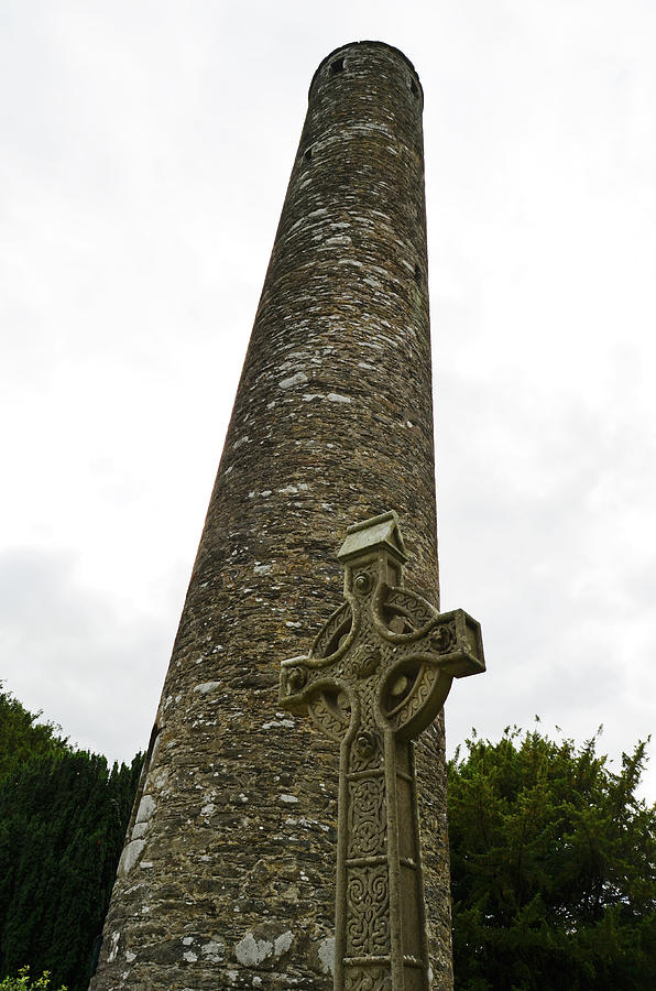 Glendalough Irish Round Tower Above Celtic High Cross County Wicklow Ireland Photograph by Shawn OBrien