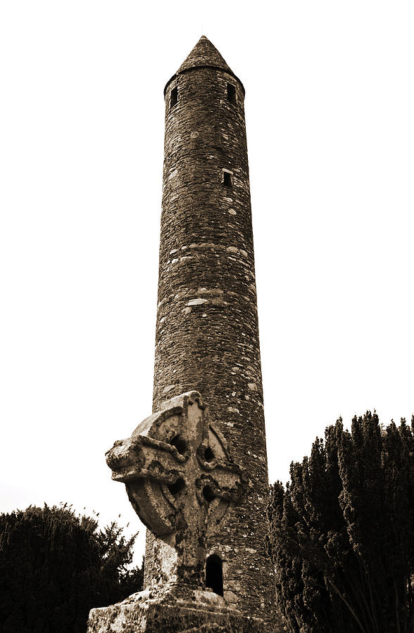 Glendalough Irish Round Tower Behind Celtic Cross County Wicklow Ireland Sepia Photograph by Shawn OBrien