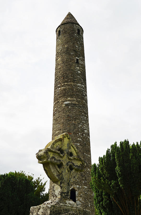 Glendalough Irish Round Tower Behind Celtic Cross County Wicklow Ireland Photograph by Shawn OBrien