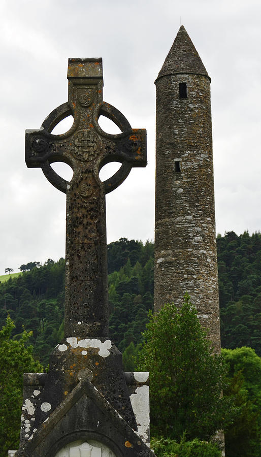 Glendalough Irish Round Tower Beside Celtic High Cross County Wicklow Ireland Photograph by Shawn OBrien