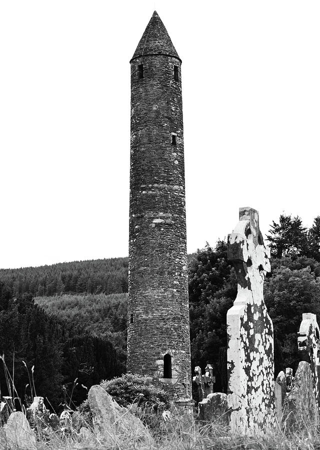Glendalough Round Tower and Celtic Cross Headstone County Wicklow Ireland Black and White Photograph by Shawn OBrien